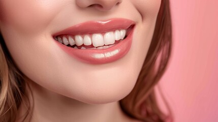 Obraz premium Close-up smiling woman's lips, pink background, healthy teeth, beauty advert