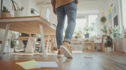 person walking in modern office space with plants and desk. bright environment promotes productivity and creativity, showcasing blend of comfort and professionalism