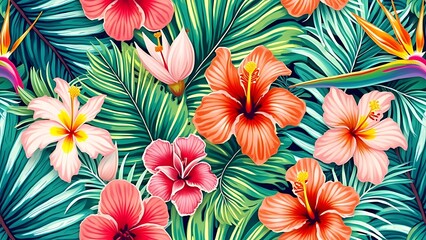 Vibrant Tropical Floral Pattern with Hibiscus and Leaf Design Isolated Landscape background art illustration.