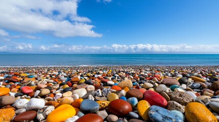 Vibrant Colorful Pebbles on a Seashore Beach Ocean View Summer Day
