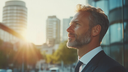 confident businessman gazes thoughtfully at sunset, surrounded by modern city buildings. warm light highlights his features, creating moment of reflection and ambition
