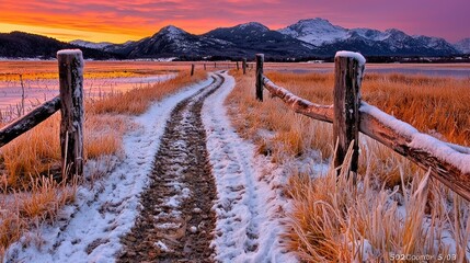 Fototapeta premium A snow-covered dirt path winds through golden winter fields lined by a rustic wooden fence towards majestic snow-capped mountains under a vibrant sunset sky.