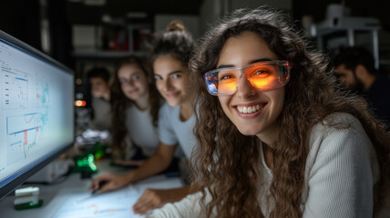 group of young professionals working in modern office, focused on technology and innovation. woman in foreground wears stylish glasses, showcasing collaborative and creative environment