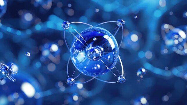 Blue atom model, swirling background, science, technology
