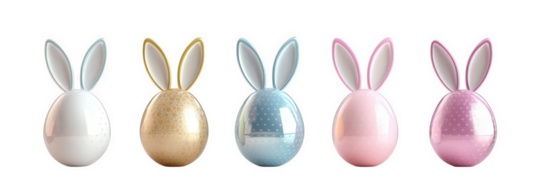 five decorative easter eggs in pastel colors. each adorned with bunny ears the eggs are arranged in a row against a light background. highlighting their shiny surfaces and playful designs. symbolizing