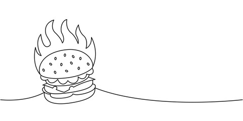 Burger with fire behind one line continuous drawing. Traditional American fast food. Vector illustration.