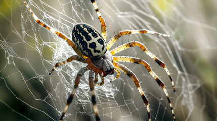 Closeup of a spider resting on its web, highlighting its legs, body structure and intricate web patterns