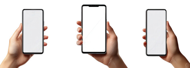 three hands holding blank smartphones against a white background. emphasizing the devices' sleek design and potential for customization or app usage the focus is on the devices themselves. suggesting