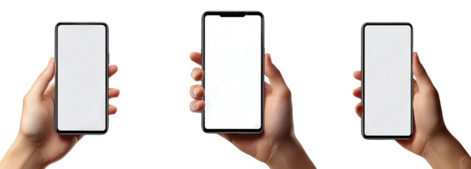 three hands holding blank smartphones against a white background. emphasizing the devices' sleek design and potential for customization or app usage the focus is on the devices themselves. suggesting