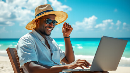 Black young man with laptop working on tropical beach. Relax, smile and happy african american businessman in hat remote vacation business on chair in shadows, blurred summer beach resort background