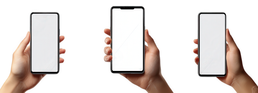 three hands holding blank smartphones against a white background. emphasizing the devices' sleek design and potential for customization or app usage the focus is on the devices themselves. suggesting