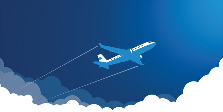 Air plane in the sky rises above the clouds towards the sun. Vector cartoon background