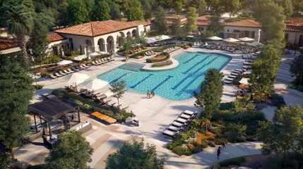 Aerial shot of an exclusive poolside setting with stylish loungers, shaded cabanas, and a luxurious pool