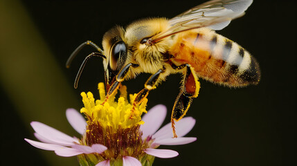 Macro shot of a honeybee hovering over a wildflower, focusing on its transparent wings and fuzzy body under sufficient lighting