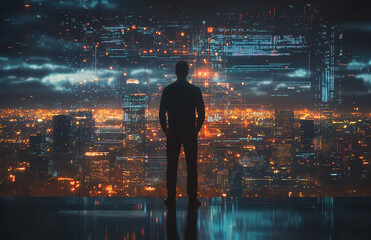 Man gazing at a futuristic city skyline with digital technology overlay at night