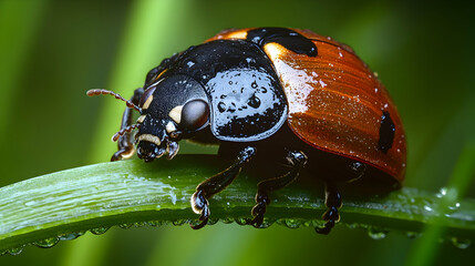 Obraz premium Macro shot of a ladybug on a wet grass blade, emphasizing its glossy shell and intricate details under bright lighting