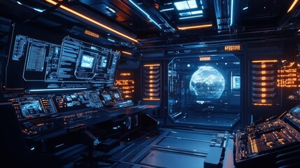 Obraz premium A high-tech cyber environment with neon lights and a pulsating grid, showcasing a sleek digital future.