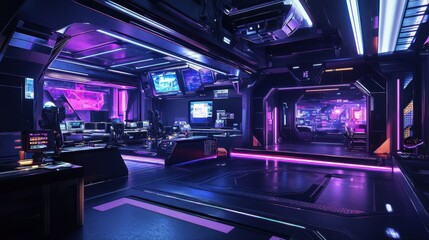 Obraz premium A high-tech cyber environment with neon lights and a pulsating grid, showcasing a sleek digital future.