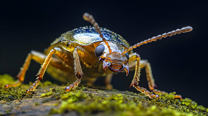 Fototapeta premium Macro view of a beetle on a mossy log, highlighting its reflective shell and tiny legs in detail