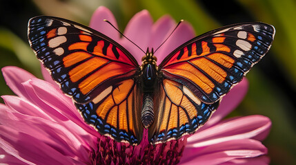 Obraz premium Macro view of a butterfly resting on a pink flower, highlighting its vibrant wing patterns and fine details