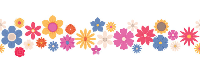 Seamless border from abstract flowers, top view. Spring flora. Flat vector illustration on white background - obrazy, fototapety, plakaty