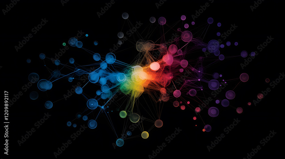 Poster a vibrant, abstract design featuring colorful dots and lines against a black background, suggesting 