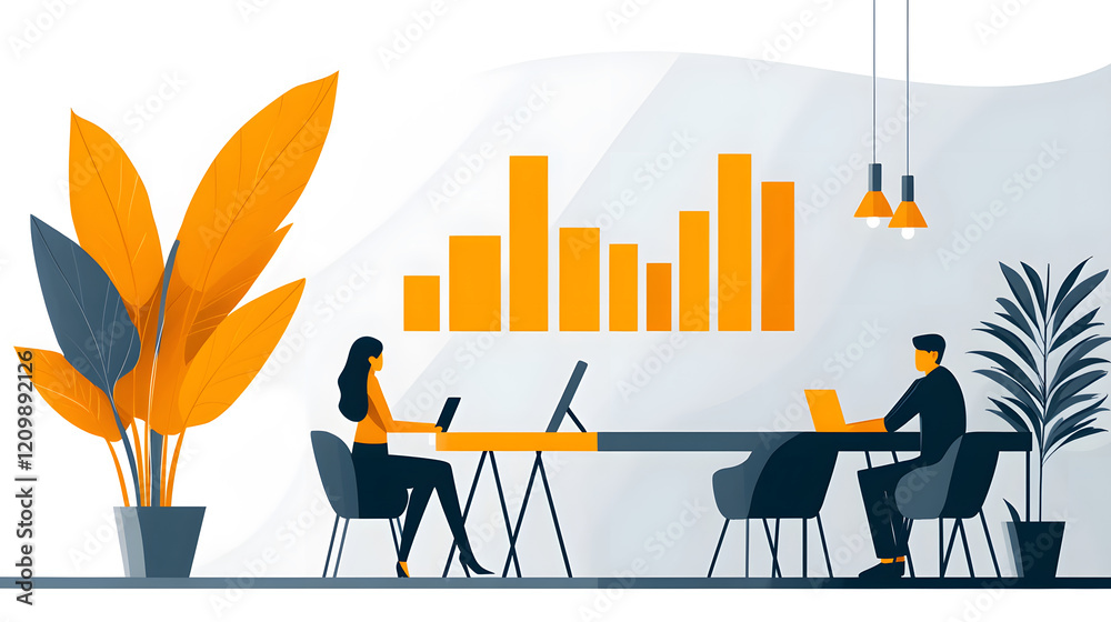 Poster A modern office setting with two individuals working at a table, surrounded by plants and a bar chart on the wall, reflecting a collaborative environment