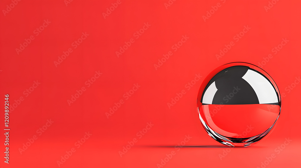 Poster a glossy sphere sits on a vibrant red background, featuring a striking black and white design that c