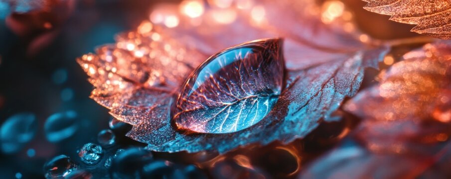 A single droplet of water on a leaf, macro photography style.