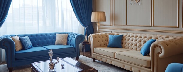 Obraz premium Beige and blue sofas against window in classic room. Interior design of modern living room.