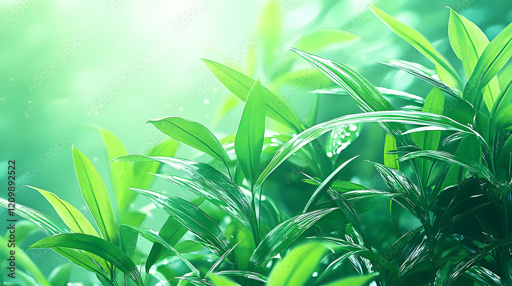 Poster lush green leaves bathed in soft light, creating a serene and refreshing atmosphere, perfect for nat