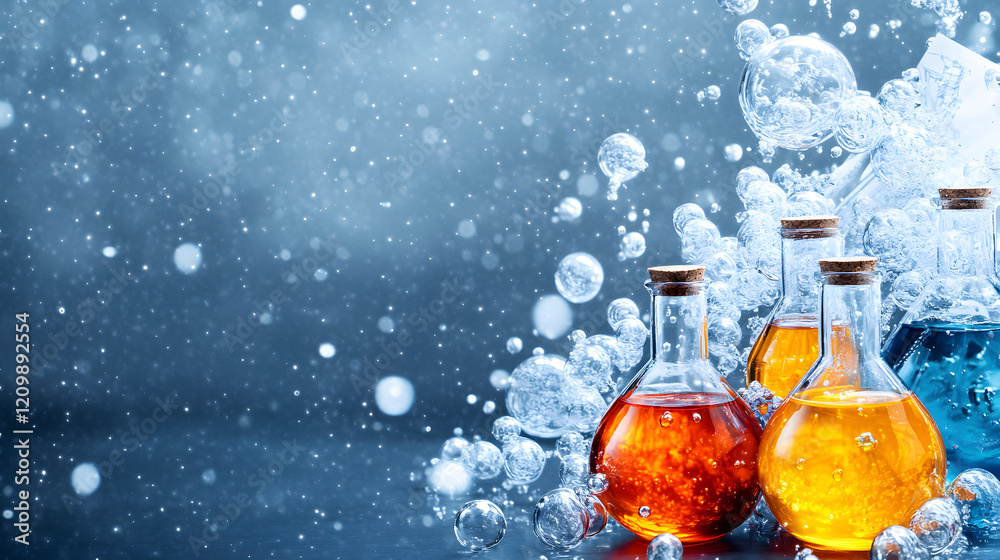 Poster Colorful glass bottles with liquids are surrounded by bubbles, creating a vibrant and dynamic laboratory atmosphere