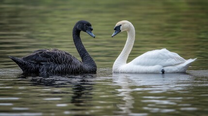 A pair of black and white swans form a heart shape with their necks on a tranquil lake, reflecting harmony and serenity.