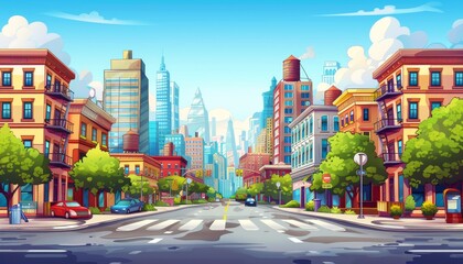 Obraz premium A cartoon illustration of a city street with tall buildings on either side, a crosswalk, and cars driving by.