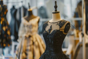 Obraz premium Exquisite black lace dress on a mannequin in a fashion atelier, showcasing refined craftsmanship and intricate details