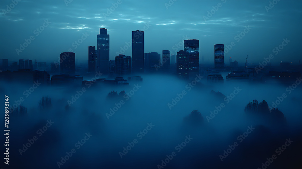 Poster a serene urban skyline shrouded in mist, illuminated by soft blue hues, creating a mysterious and tr