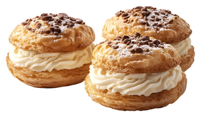 Trio of Cream Puffs Stacked Elegantly Showing Their Filling, Png