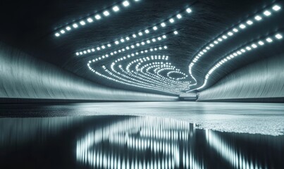 3D Rendering of curved tunnel with led glowing lights on ceiling and reflection from puddle on wet dark street surface. Concept for fast business technology, car advertising background, Generative AI