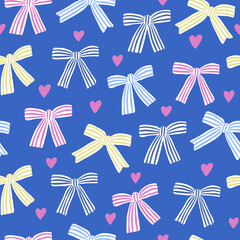 Obraz premium Seamless pattern with colorfull striped ribbon bows and hearts. Modern hand draw design for a poster, sticker, home decor, wrapping paper, gift, greetings. Fabric textile print. Art illustration. Cute