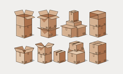 Fototapeta premium Parcel boxes pack set vector isometric and cardboard postal packages pile open and closed, easily editable.