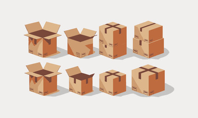 Fototapeta premium Parcel boxes pack set vector isometric and cardboard postal packages pile open and closed, easily editable.