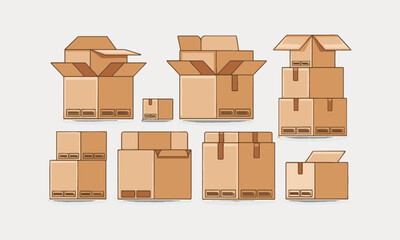 Fototapeta premium Parcel boxes pack set vector isometric and cardboard postal packages pile open and closed, easily editable.