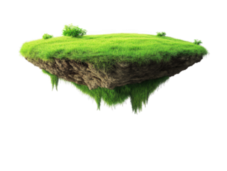 a floating island with lush green grass and small plants. creating a surreal and imaginative landscape the levitating effect emphasizes a sense of fantasy and wonder. making it suitable for creative p