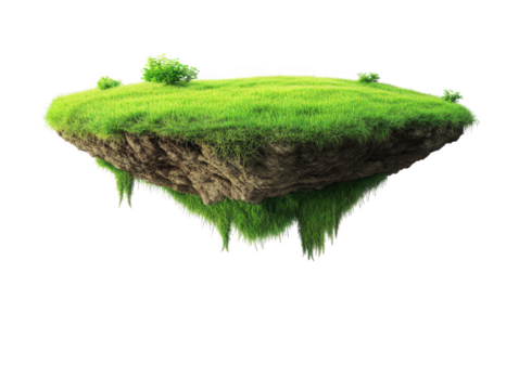 a floating island with lush green grass and small plants. creating a surreal and imaginative landscape the levitating effect emphasizes a sense of fantasy and wonder. making it suitable for creative p