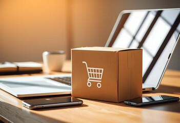 E-commerce concept, cardboard box with shopping cart icon, laptop, desk setup, office workspace, online shopping, digital marketing, warm lighting, business, technology, product delivery, 3D rendering