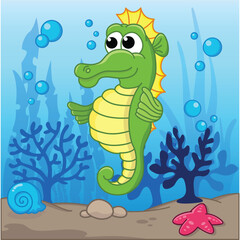 Funny seahorse cartoon characters vector illustration.