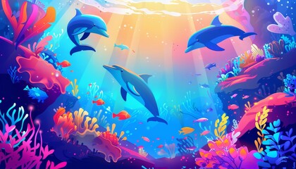 Three playful dolphins swim in a vibrant coral reef, bathed in sunlight.