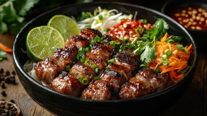 Fototapeta premium Delicious Grilled Meat Bowl with Lime Vegetables and Sauce