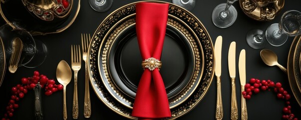 Black Friday grandeur: top view high-class table setting featuring fine dining essentials, dishes, cutlery, red napkin in gold ring on stylish black backdrop. Ideal for advertising your special deals