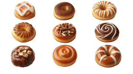 Set of baked cinnamon rolls with glaze isolated on transparent white background